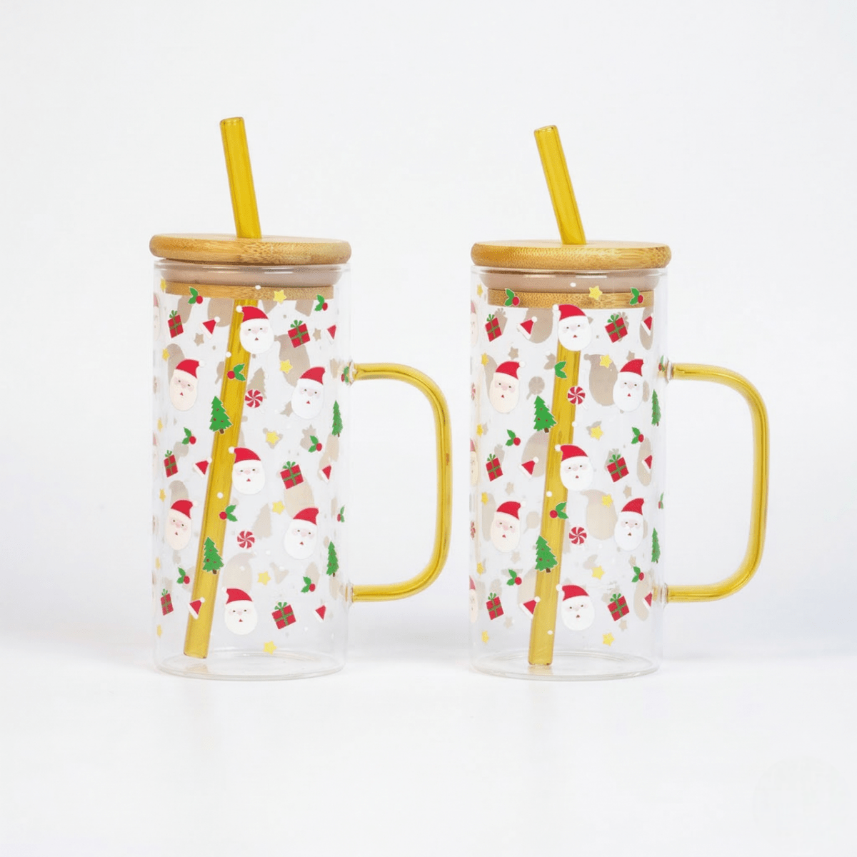 Christmas Santa Glass Tumbler with Handle & Bamboo Lid – Set of 2 | Festive Holiday Design with Straw - Memories Insite